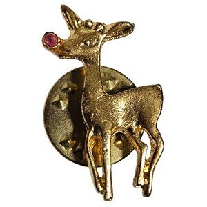 Vintage Rudolph Red Nose Reindeer Gold Tone Christmas Brooch Lapel Pin Holiday